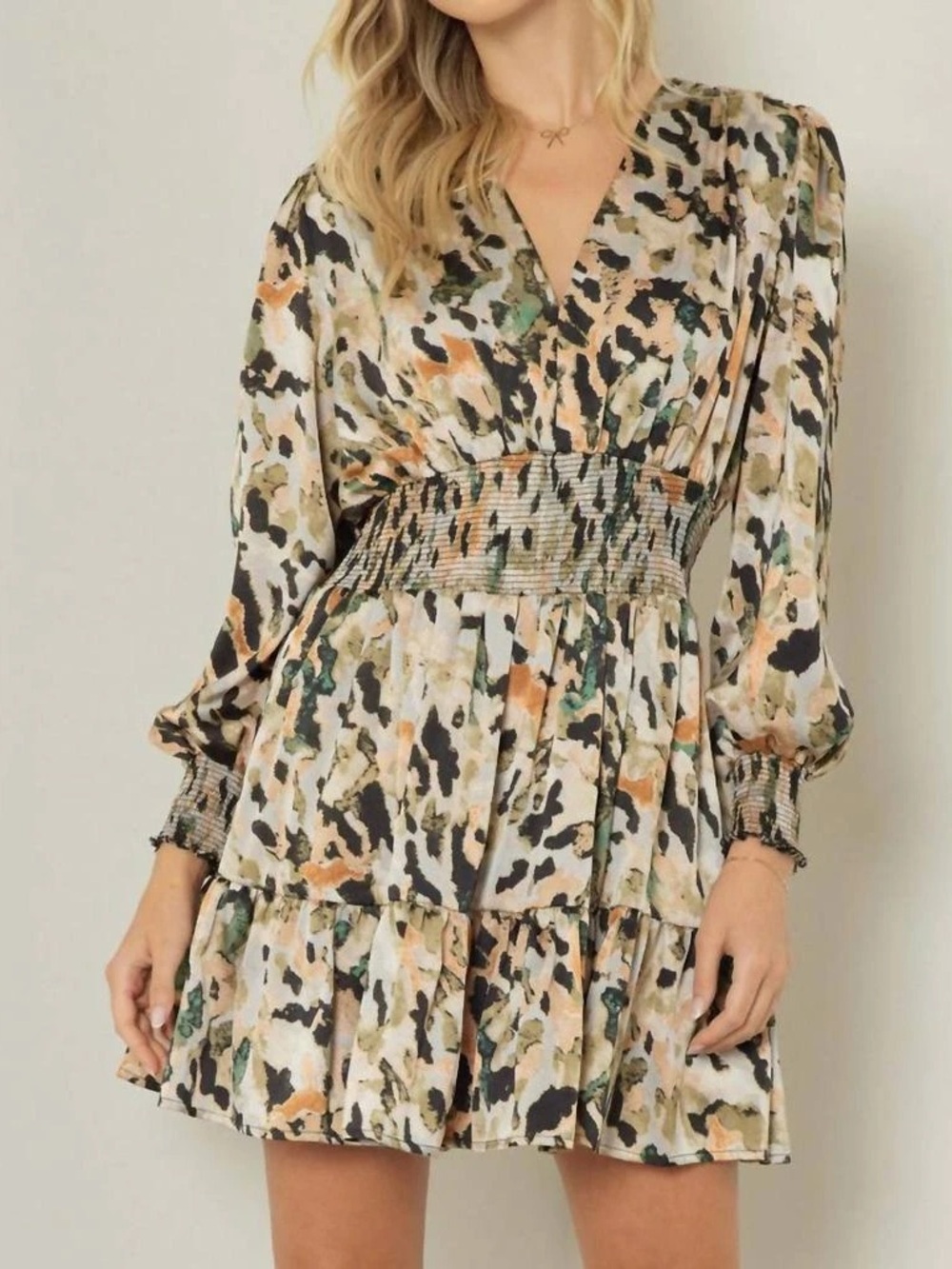 Entro Women’s Satin Animal And Camouflage Print Short Dress In Mocha Rust